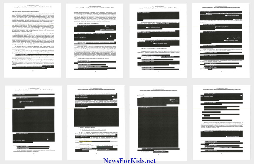 Thumbnails of pages of the Mueller report with redactions.