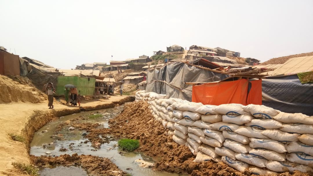 Sandbags placed with the help of aid agencies at Balukhali refugee camp, Cox's Bazaar, Bangladesh, to prevent flooding during the monsoon season.