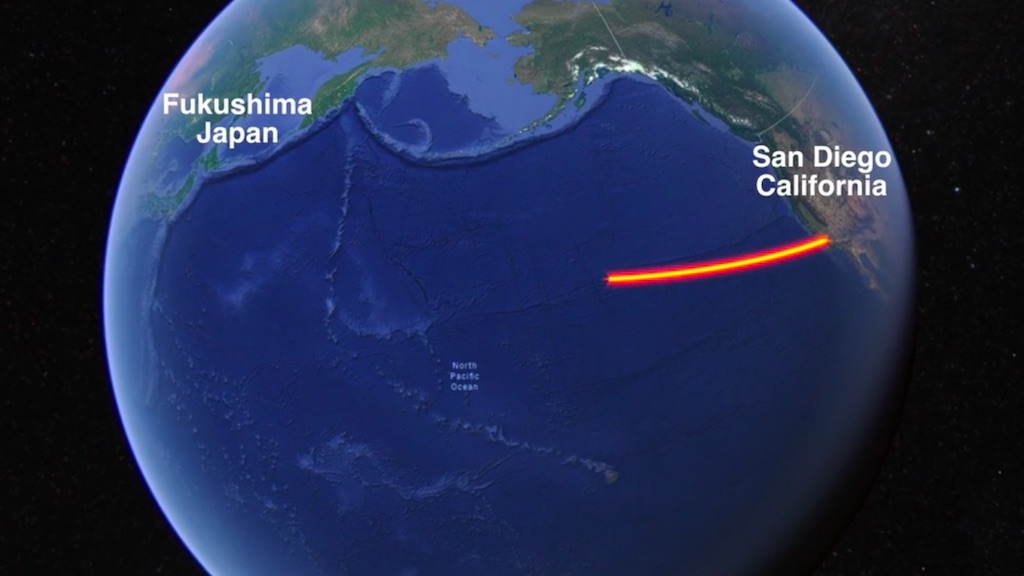 Map showing route from San Diego to Fukushima.