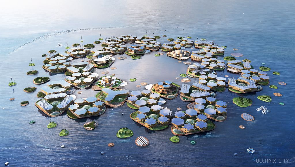Artist's idea of how floating cities might fit together.