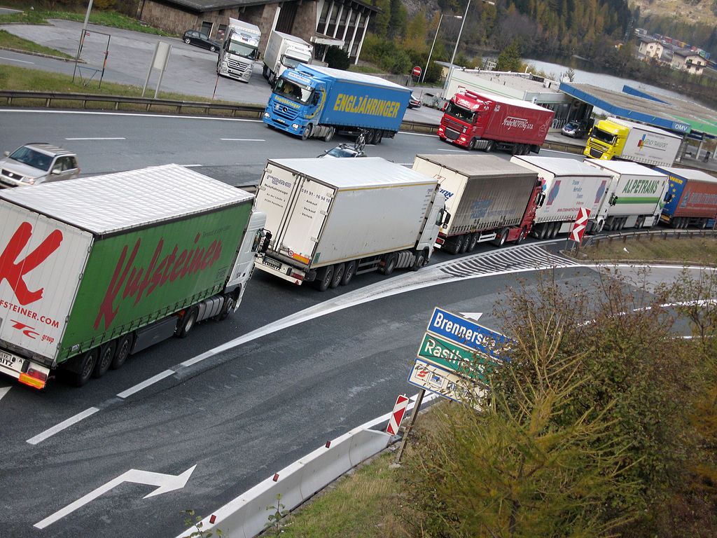 Trucks backed up at the Brenner Pass on the Italian Austrian border, one of the most important transit routes between Northern and Southern Europe.