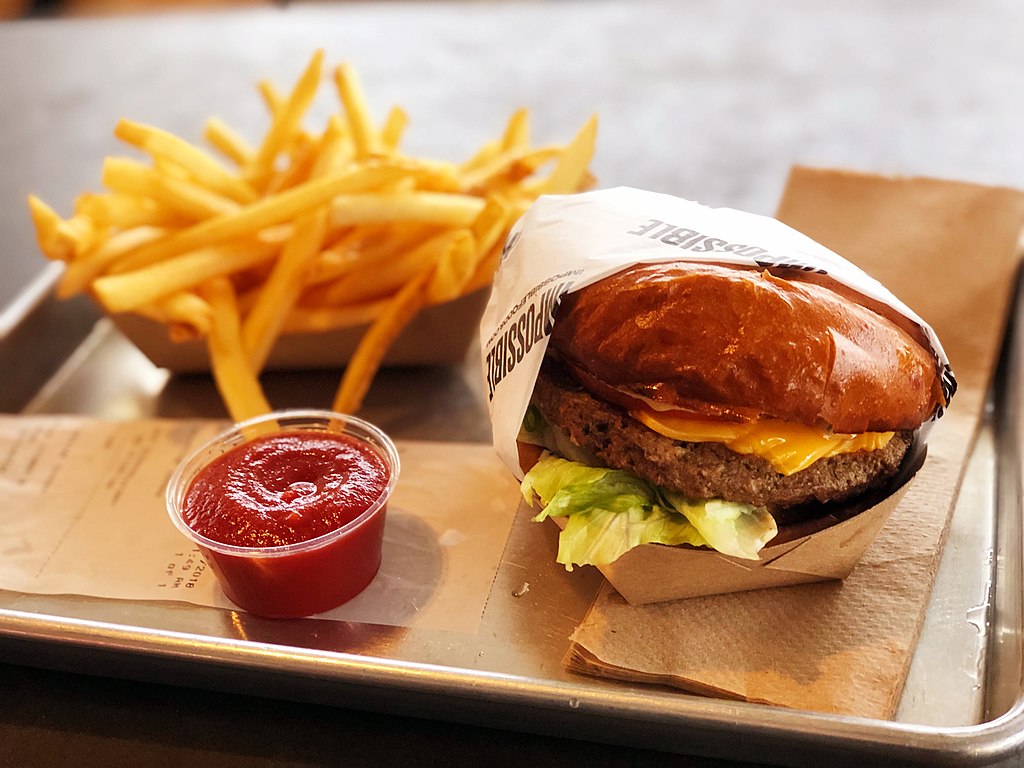 An Impossible Burger with fries and ketchup at Gott's Roadside in Napa, California.