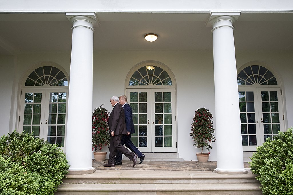 President Donald J. Trump and Vice President Mike Pence return to the Oval Office along the West Wing Colonnade Friday May 10, 2019 at the White House.