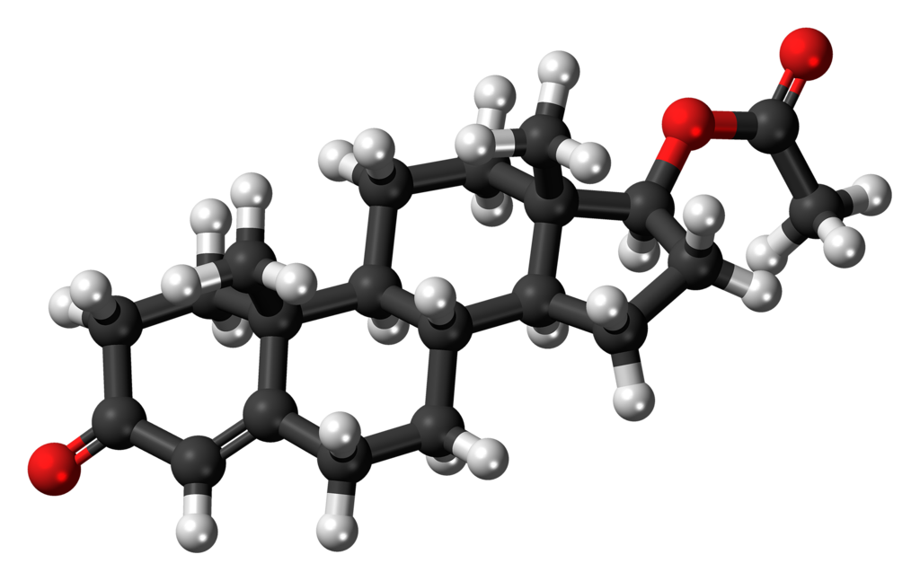 Ball-and-stick model of the testosterone acetate molecule, also known as Aceto-Sterandryl, an anabolic-androgenic steroid.