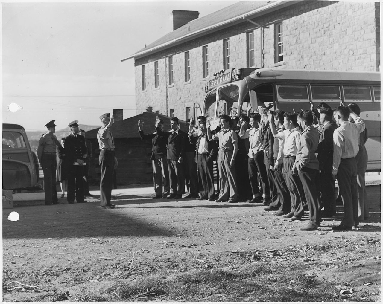 First 29 Navajo U.S. Marine Corps code-talker recruits being sworn in at Fort Wingate, NM.