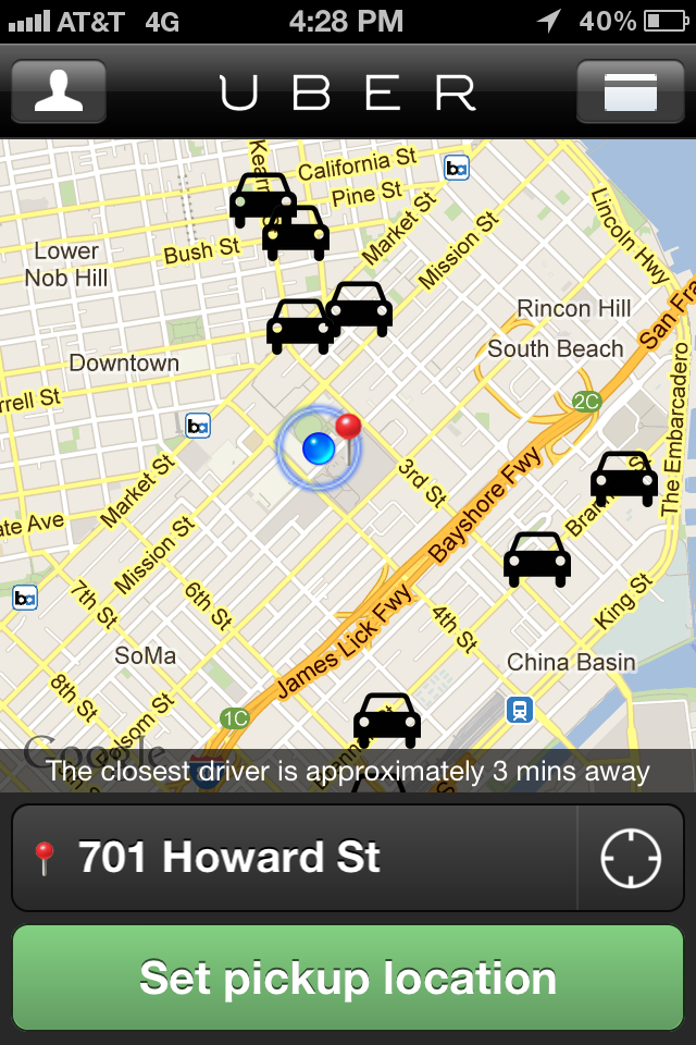 Vertical Uber map showing drivers nearby.