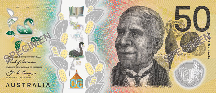 Example of Australia's 2018 50-dollar note, with a picture of David Unaipon.