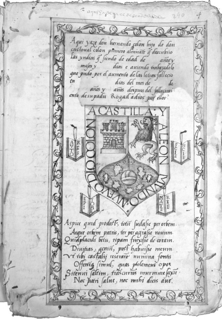 The picture shows Colón's "Coat of Arms". The four books in the design stand for four ways of organizing books.