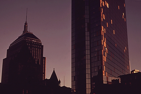 Hancock Tower with glass replaced by plywood, 1970s.