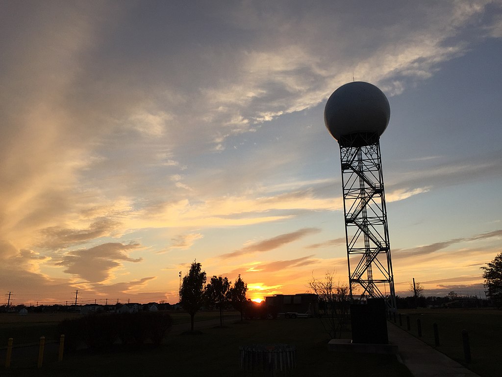 WSR-88D NEXRAD radar during sunset in the Dulles section of Sterling, Loudoun County, Virginia