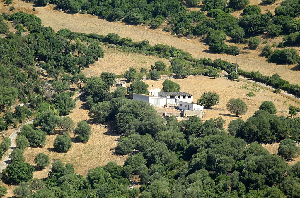 Aerial view. Farm house, Monteleone Rocca Doria, Province of Sassari, Sardinia, Italia