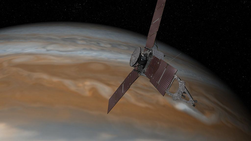 This artist's rendering shows NASA's Juno spacecraft making one of its close passes over Jupiter.