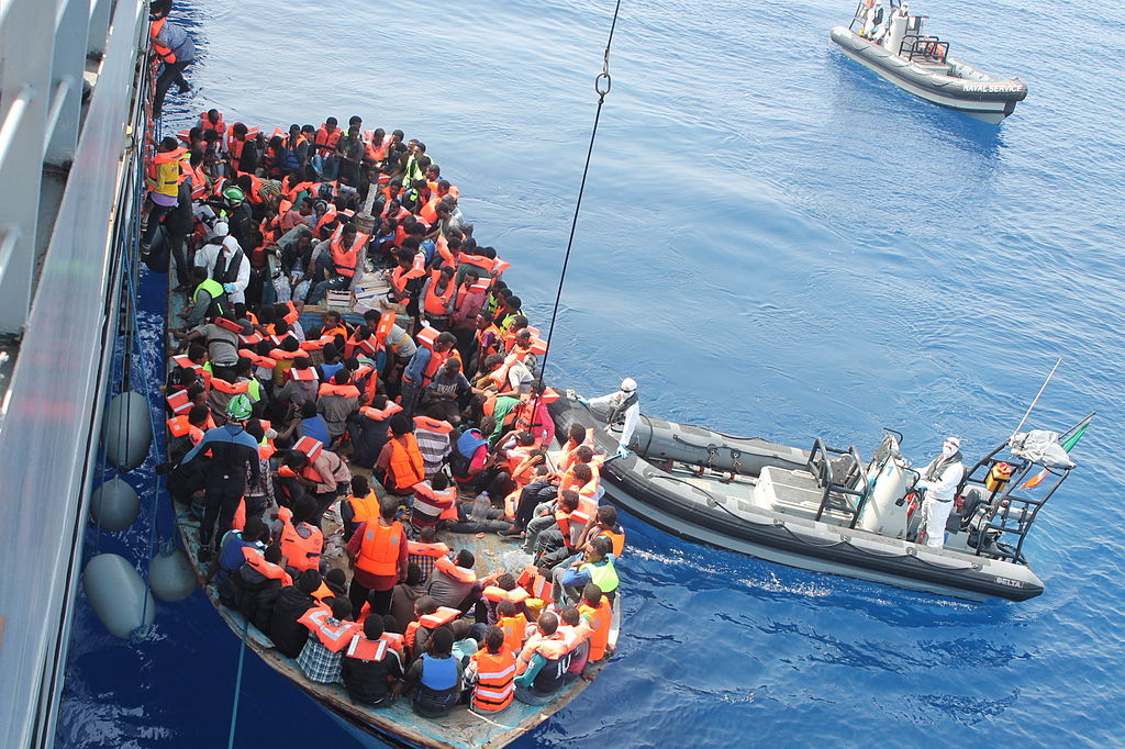 Irish Naval personnel from the LÉ Eithne (P31) rescuing migrants as part of Operation Triton.