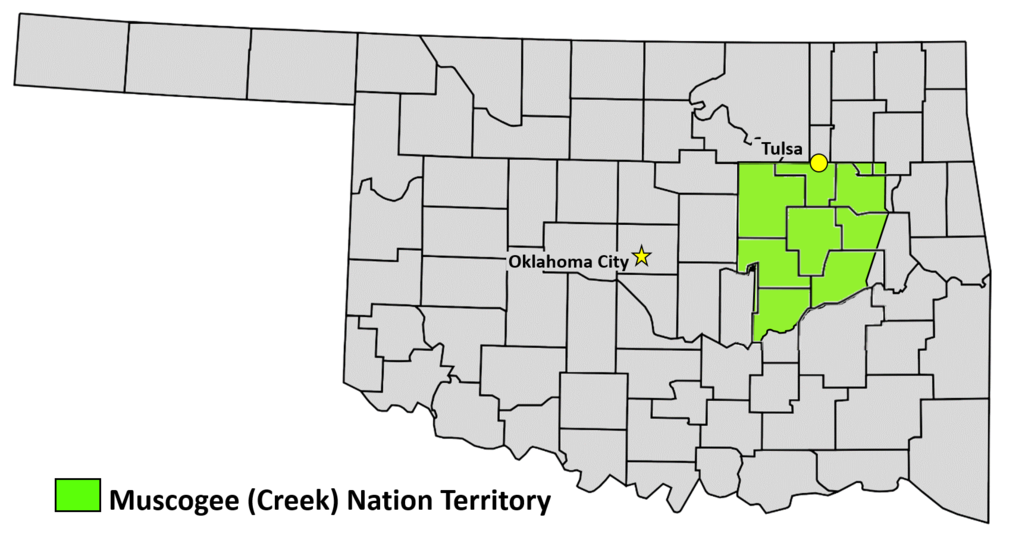 Muscogee Creek Nation Territory within an Oklahoma county map