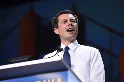 Mayor Pete Buttigieg speaking with attendees at the 2019 California Democratic Party State Convention at the George R. Moscone Convention Center in San Francisco, California.