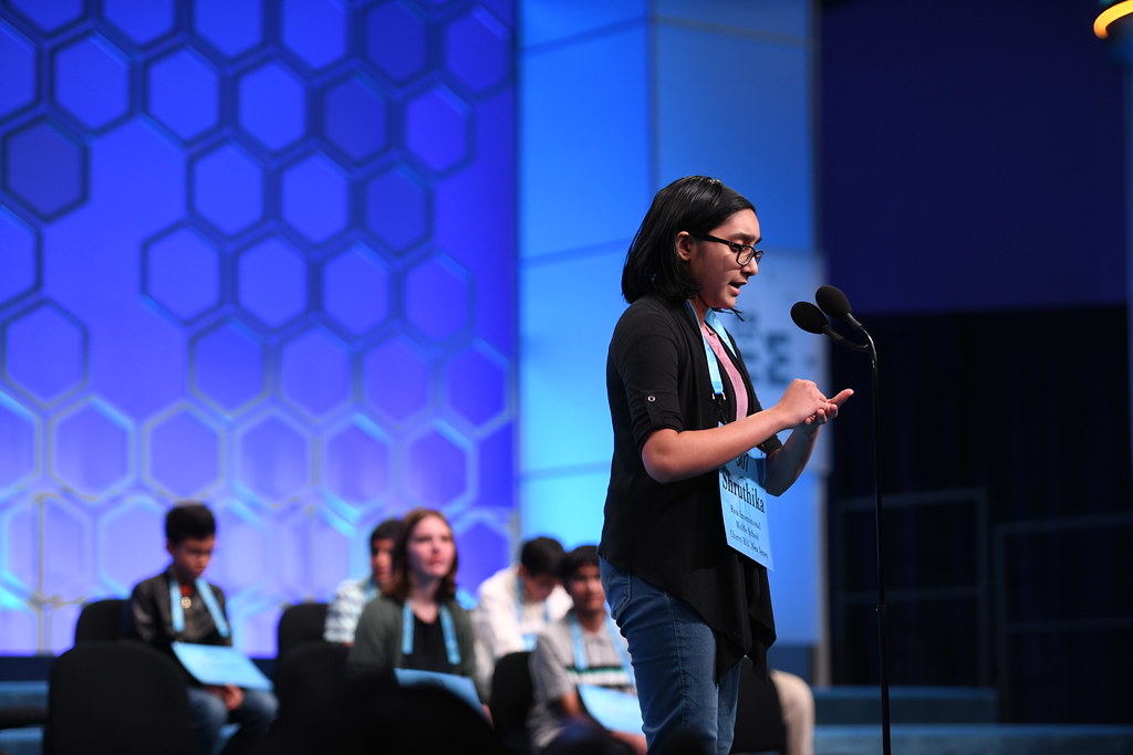 Shruthika Padhy imagines writing a word on her hand during the 2019 Scripps National Spelling Bee.