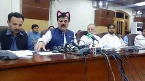 Pakistani politician Shaukat Ali Yousafzai with the cat filter.