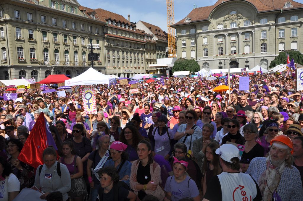 Women crowd the Bunesplatz during the women's Strike on June 14, 2019.