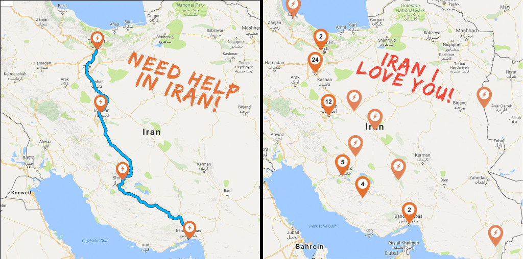 Wiebe Wakker's electric car trip, maps of Iran - first looking for help, second with lots of help markers