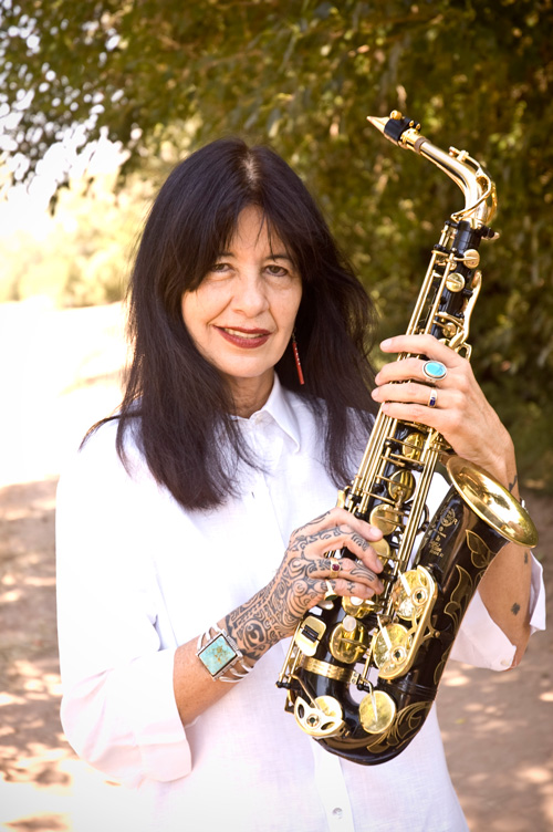 Joy Harjo with saxophone.