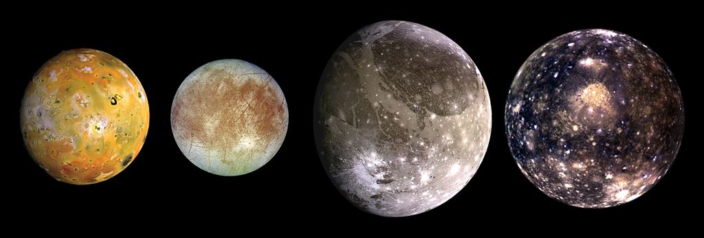 Jupiter's 4 largest moons, shown from left to right in order of increasing distance from Jupiter, Io is closest, followed by Europa, Ganymede, and Callisto.