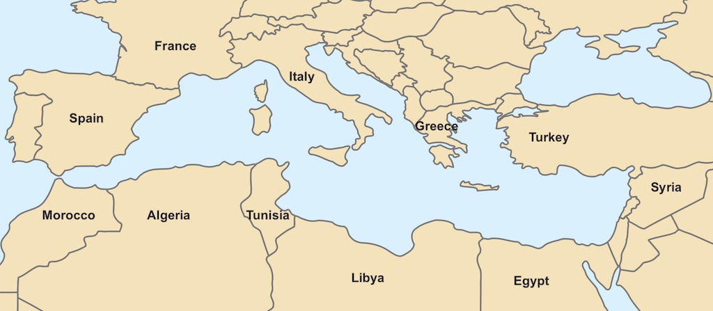 Map of countries around the Mediterranean Sea.