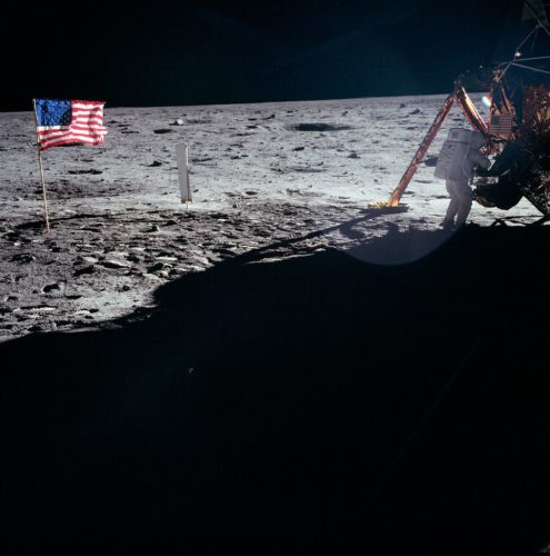 Neil Armstrong works at the LM in one of the few photos taken of him on the moon. NASA photo as11-40-5886.