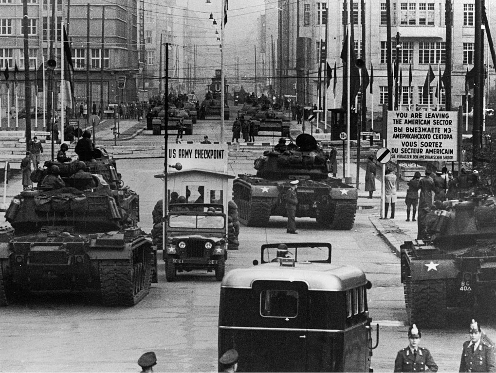 US Army tanks face off against Soviet armor at Checkpoint Charlie, Berlin, October 1961.