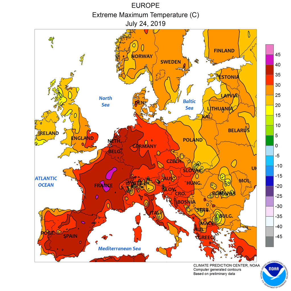 Map showing Extreme Maximum Temperature in Europe (°C) on 24 July 2019; computer generated contours, based on preliminary data