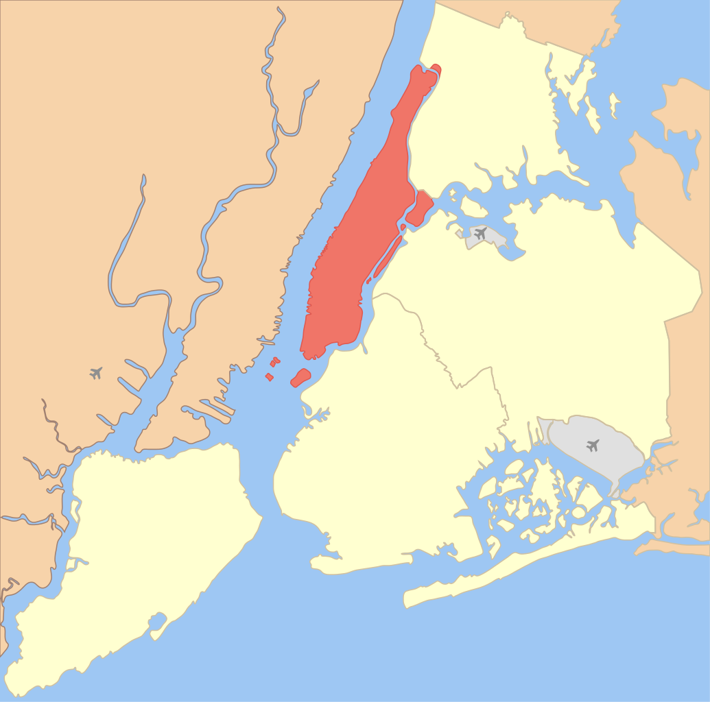 Map showing location of Manhattan in New York City.