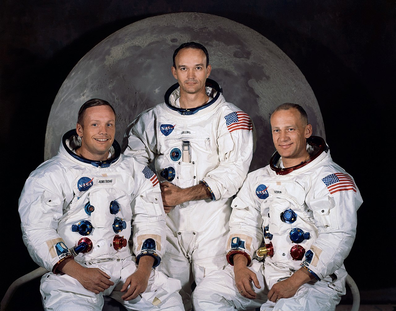 The Apollo 11 lunar landing mission crew, pictured from left to right, Neil A. Armstrong, commander; Michael Collins, command module pilot; and Edwin E. Aldrin Jr., lunar module pilot.