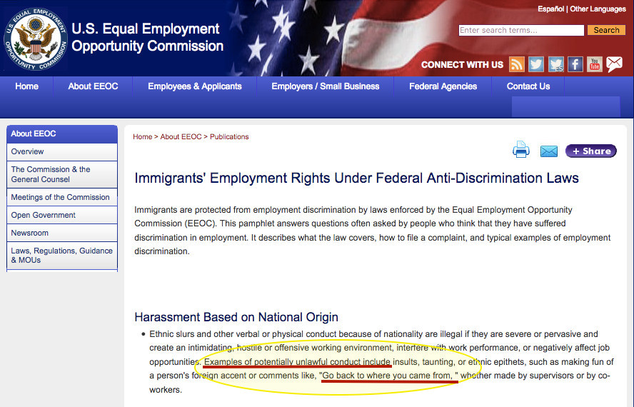 Screenshot of the US equal employment opportunity commission's website showing that phrases like "go back where you came from" are not permitted in the workplace.