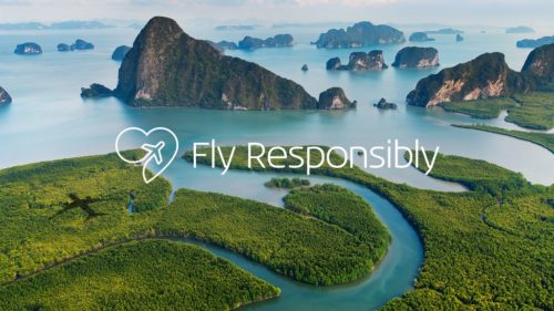 The words "Fly Responsibly" super-imposed on an idyllic nature scene.