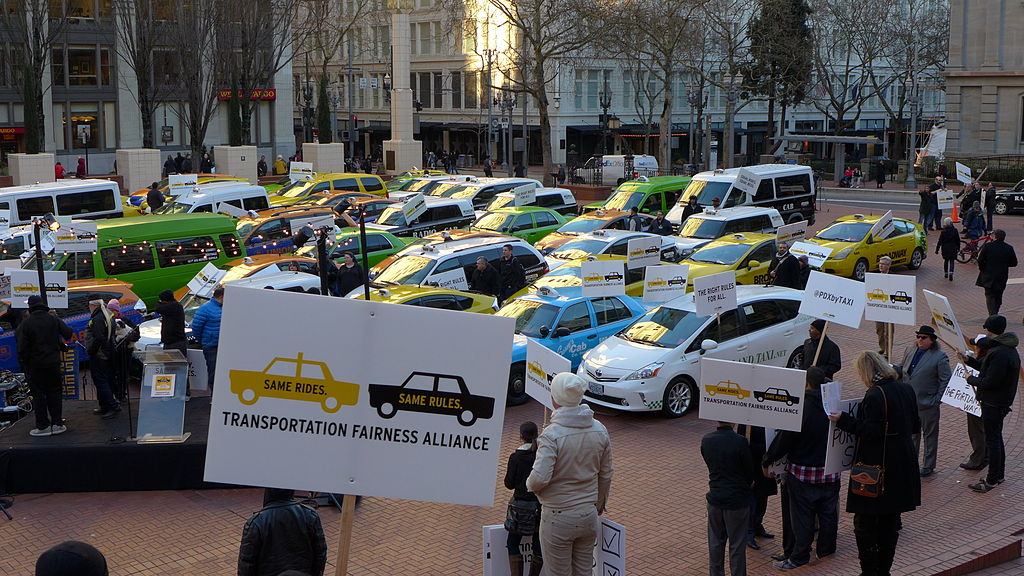 On January 13, 2015, around 70 of Portland's 460 Taxi cabs protested fair taxi laws by parking in Pioneer square. Organizers want city leaders to make ride-sharing companies play by the same rules as cabs and Town cars.