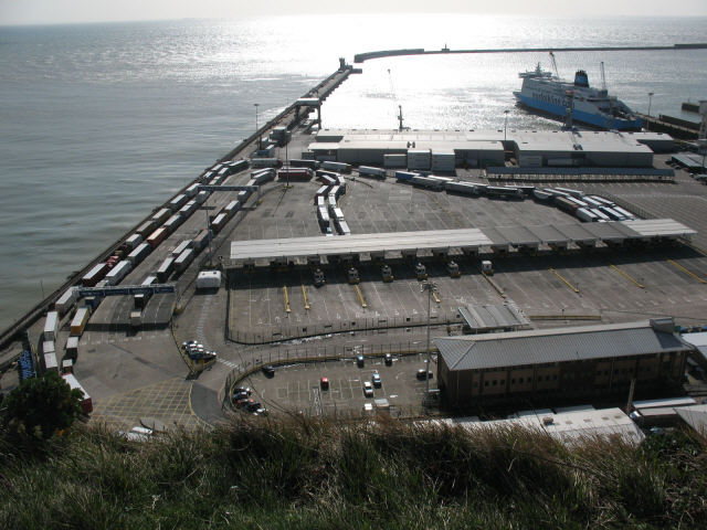 A backlog of lorries at the docks A combination of a Seafrance strike and high winds on 29 February had cancelled overnight sailings from Dover so commercial traffic was backed up all along the M20 by the following day even though sea conditions were calm again. This is the front of the queue at Dover Eastern Docks.