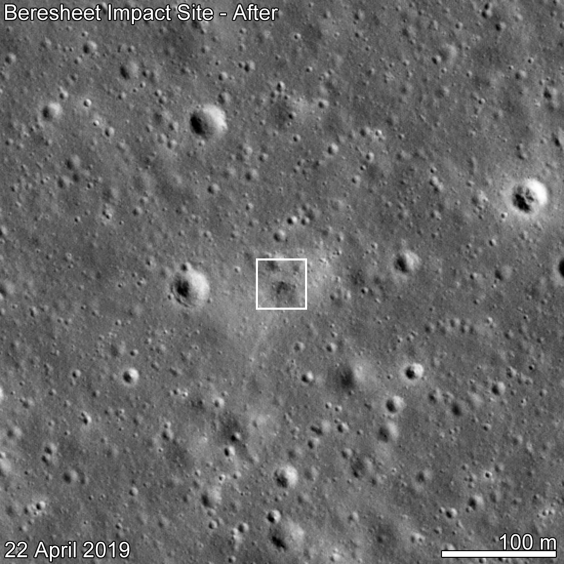 SpaceIL Beresheet crash site as seen by LROC eleven days after the attempted landing. Date in lower left indicates when the NAC image was acquired, M1310536929R.