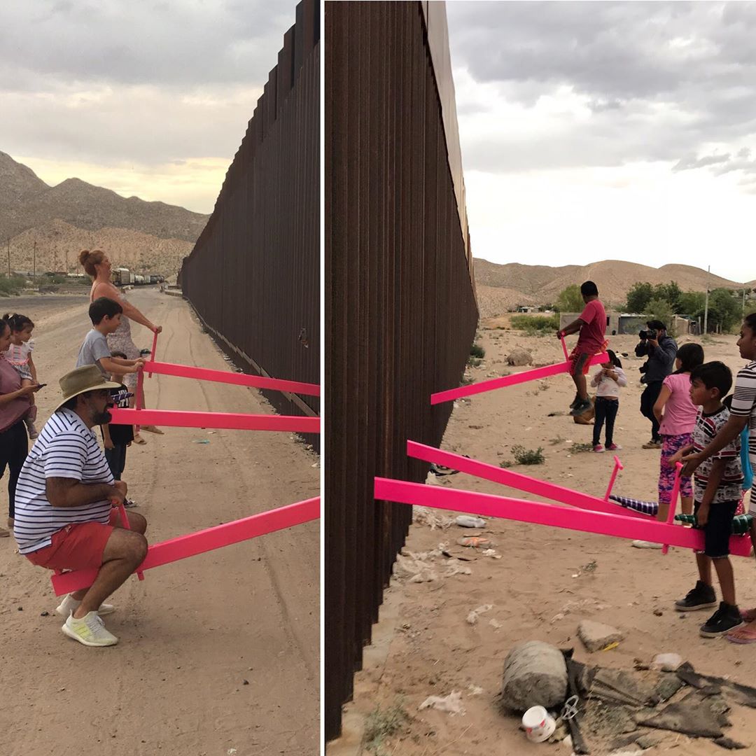 Split image showing people on both sides of the US-Mexico border playing on pink seesaws.