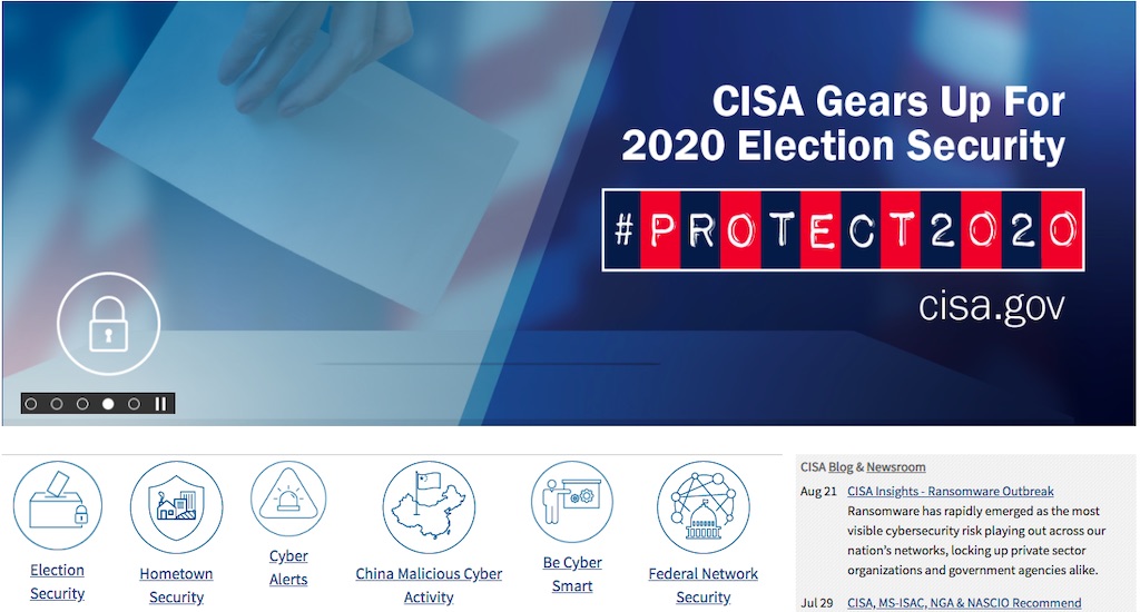 Screenshot of the Cybersecurity and Infrastructure Security Agency (CISA) saying "CISA Gears Up for 2020 Election Security