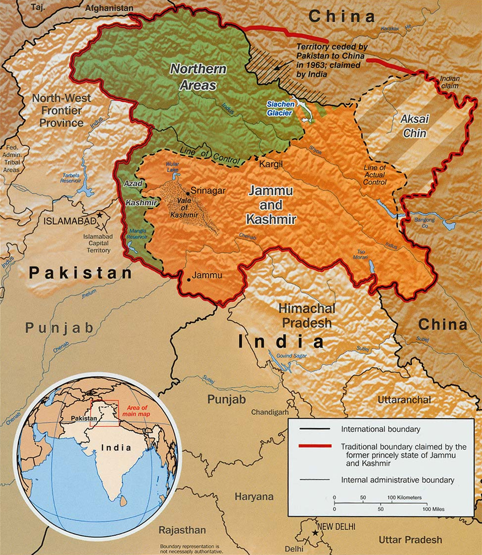 The Disputed Territory : Shown in green is Kashmiri region under Pakistani control. The orange-brown region represents Indian-controlled Jammu and Kashmir while the Aksai Chin is under Chinese control.