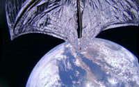 This image was taken during the LightSail 2 sail deployment sequence on 23 July 2019 at 11:48 PDT (18:48 UTC). Baja California and Mexico are visible in the background. LightSail 2's dual 185-degree fisheye camera lenses can each capture more than half of the sail. This image has been de-distorted and color corrected.