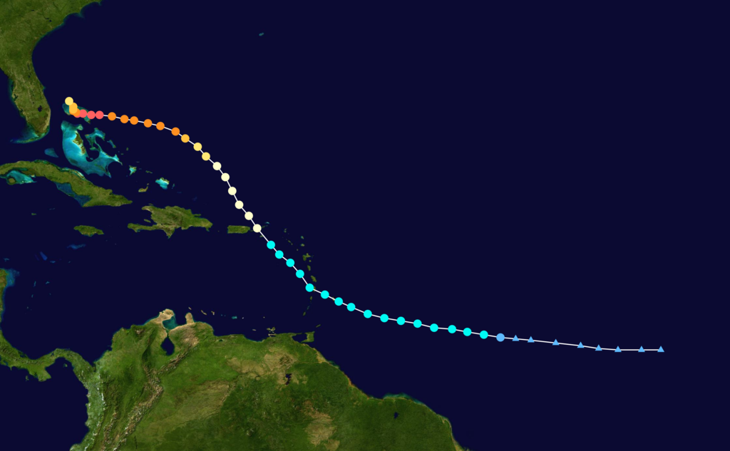 Track map of Hurricane Dorian of the 2019 Atlantic hurricane season. The points show the location of the storm at 6-hour intervals. The colour represents the storm's maximum sustained wind speeds .