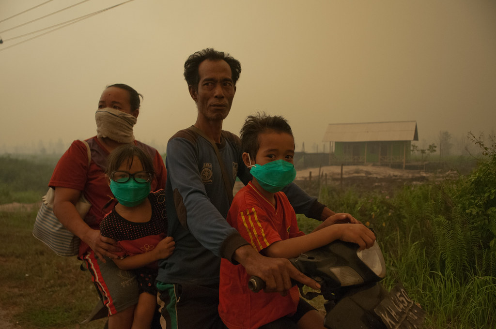 A family riding a motorcycle through the thick air and smoke from peat fires. Outside Palangka Raya, Central Kalimantan.