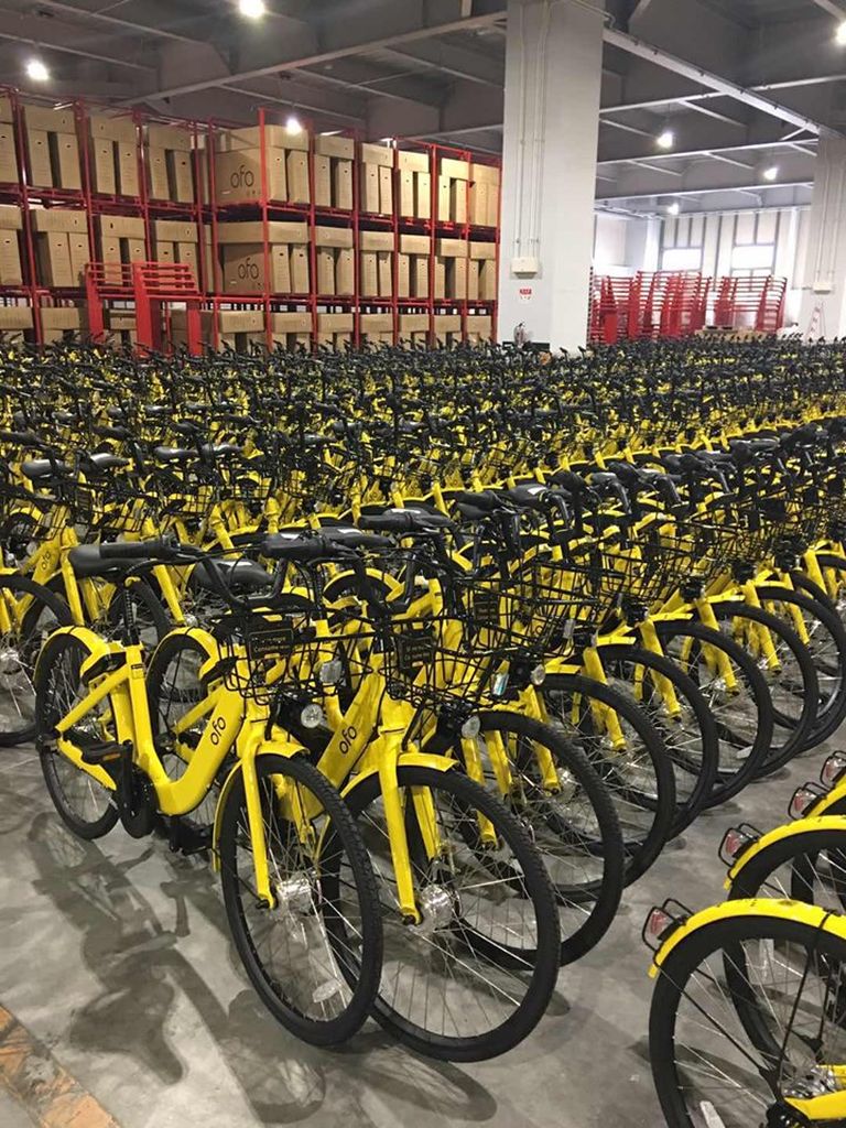 Warehouse full of abandoned rental bikes.