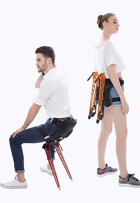 Models pose wearing the LEX wearable chair.