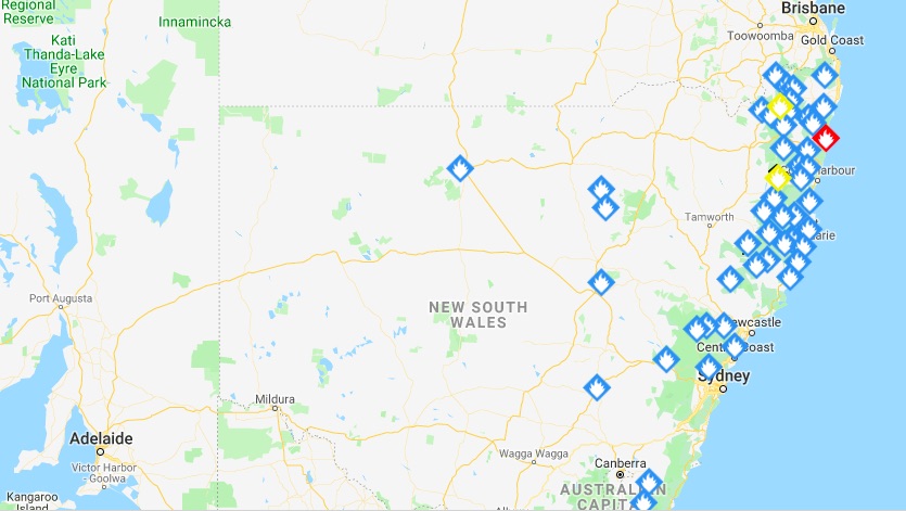Map showing locations of fires in New South Wales.