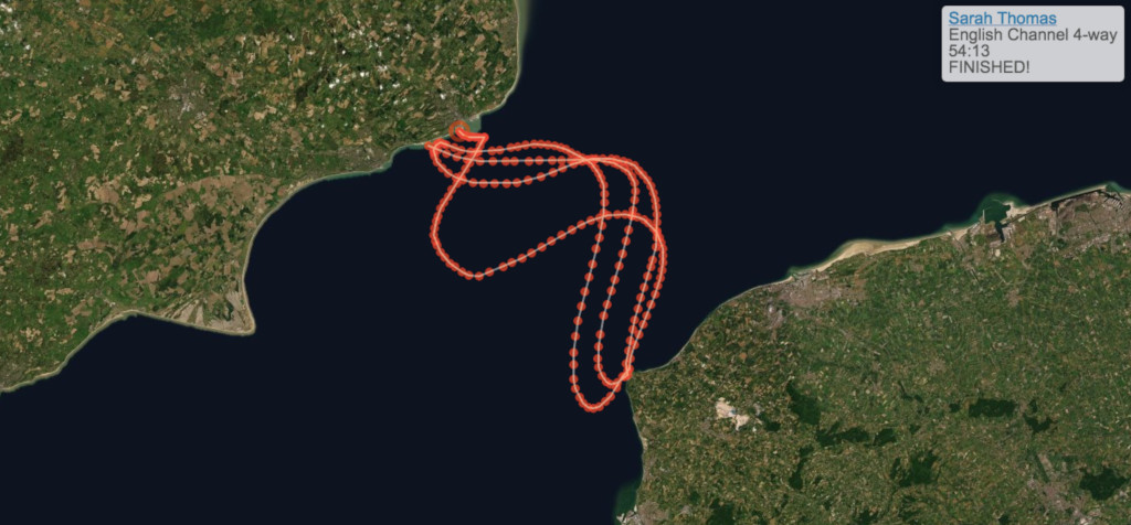 Map of Sarah Thomas's 4x crossing of the English Channel.