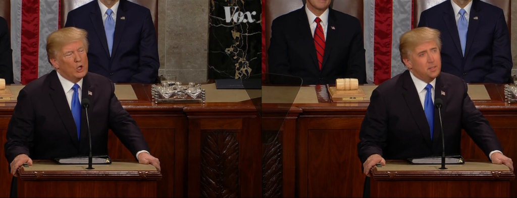 Side-by-side view of a deepfake putting Nicolas Cage's face on a video of Donald Trump speaking to Congress.