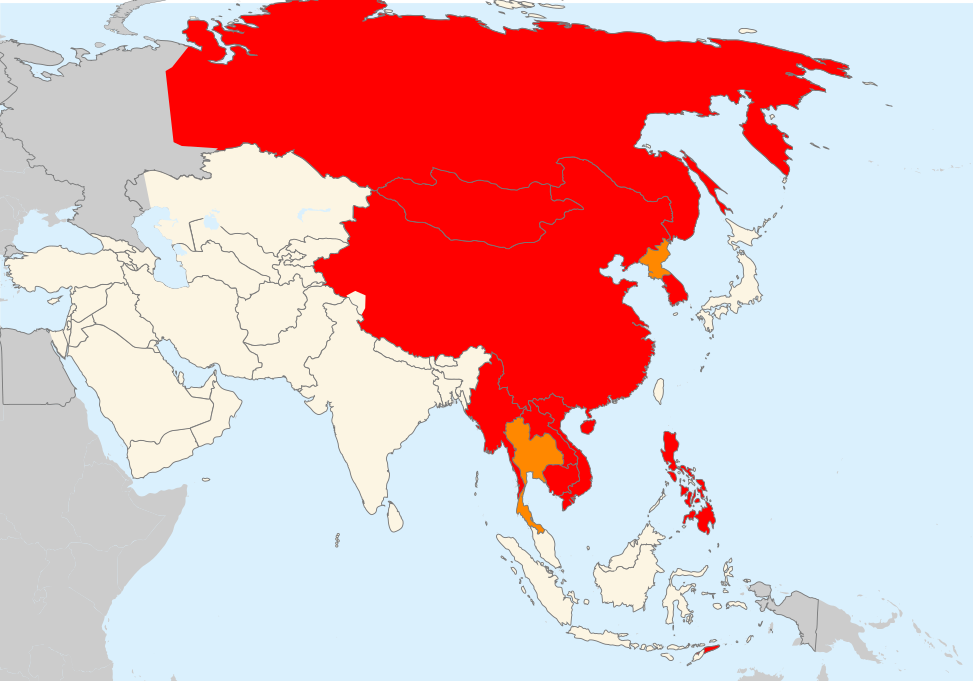 Countries with African Swine Fever (ASF) in red. Orange (North Korea, Thailand) = No confirmation, but probable presence of the virus