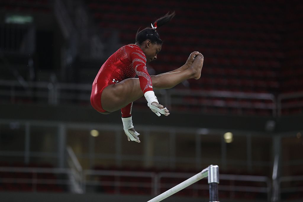 Ms. Biles using the bars during the 2016 Olympics in Rio de Janeiro.