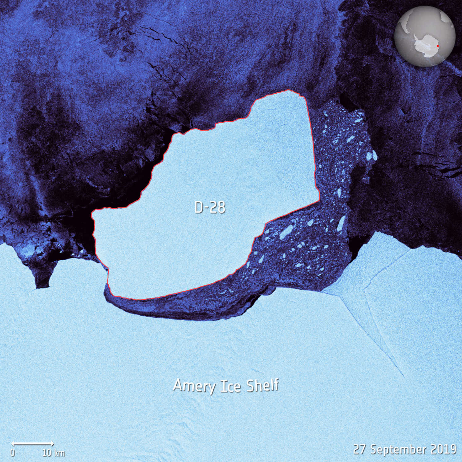 Satellite image of D-28 floating free of the Amery Ice Shelf.